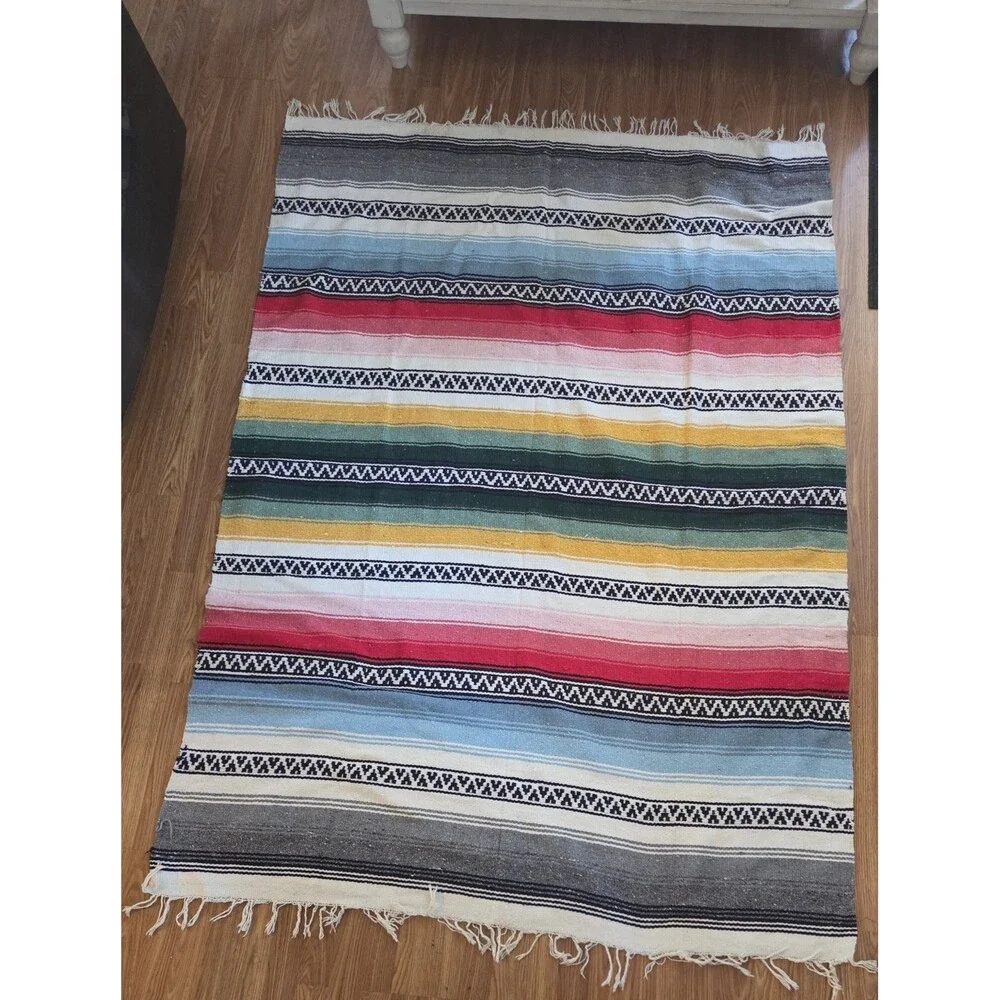 Vintage Mexican Serape Fringe Multicolor Blanket/Throw/Rug 80x57 Vibrant Colors